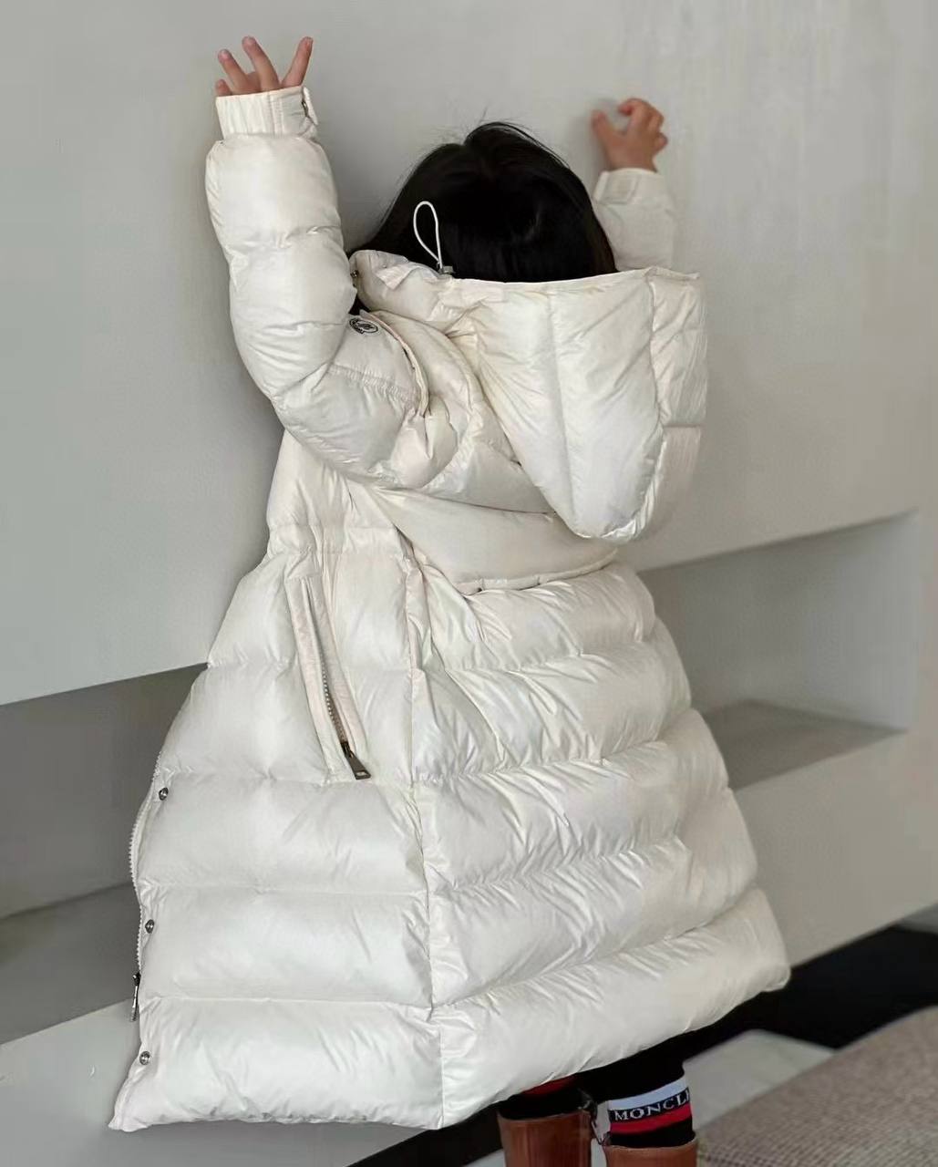 Moncler Kids White Hooded Long Down Puffer Coat with Snap Button Closure