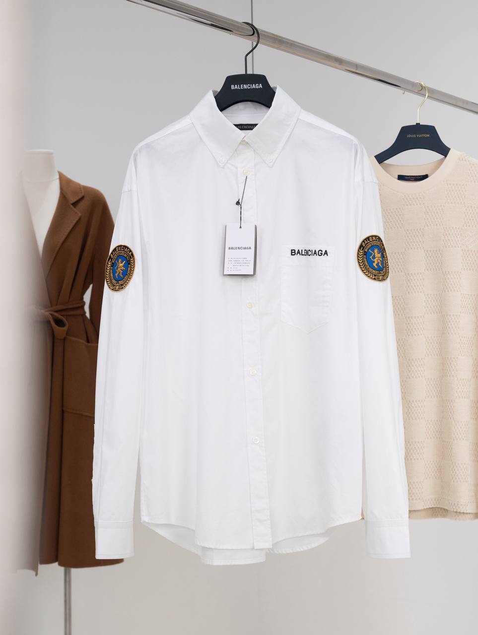 Balenciaga White Cotton Button-Up Shirt with Embroidered Logo & Crest Sleeve Patches