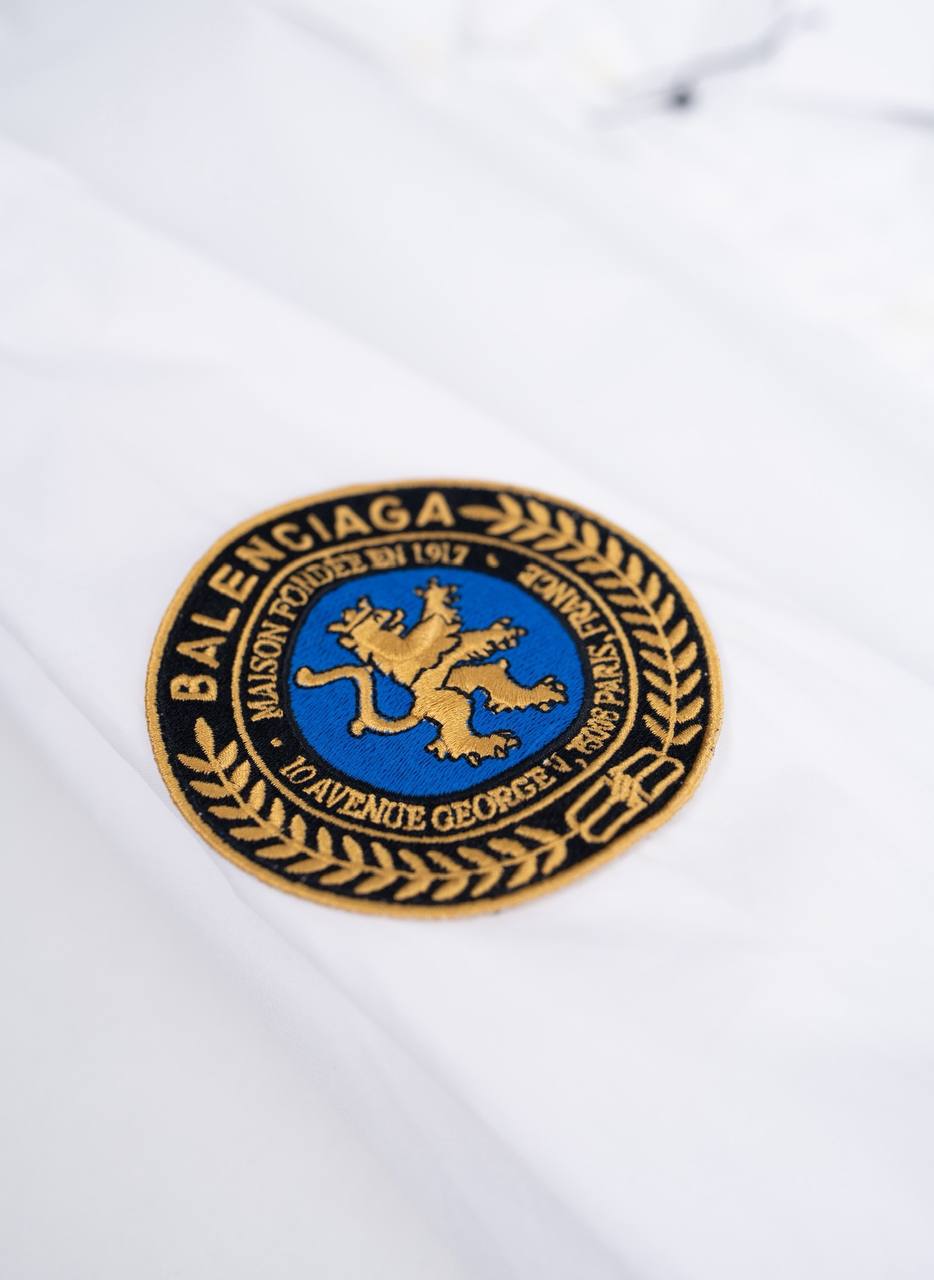 Balenciaga White Cotton Button-Up Shirt with Embroidered Logo & Crest Sleeve Patches