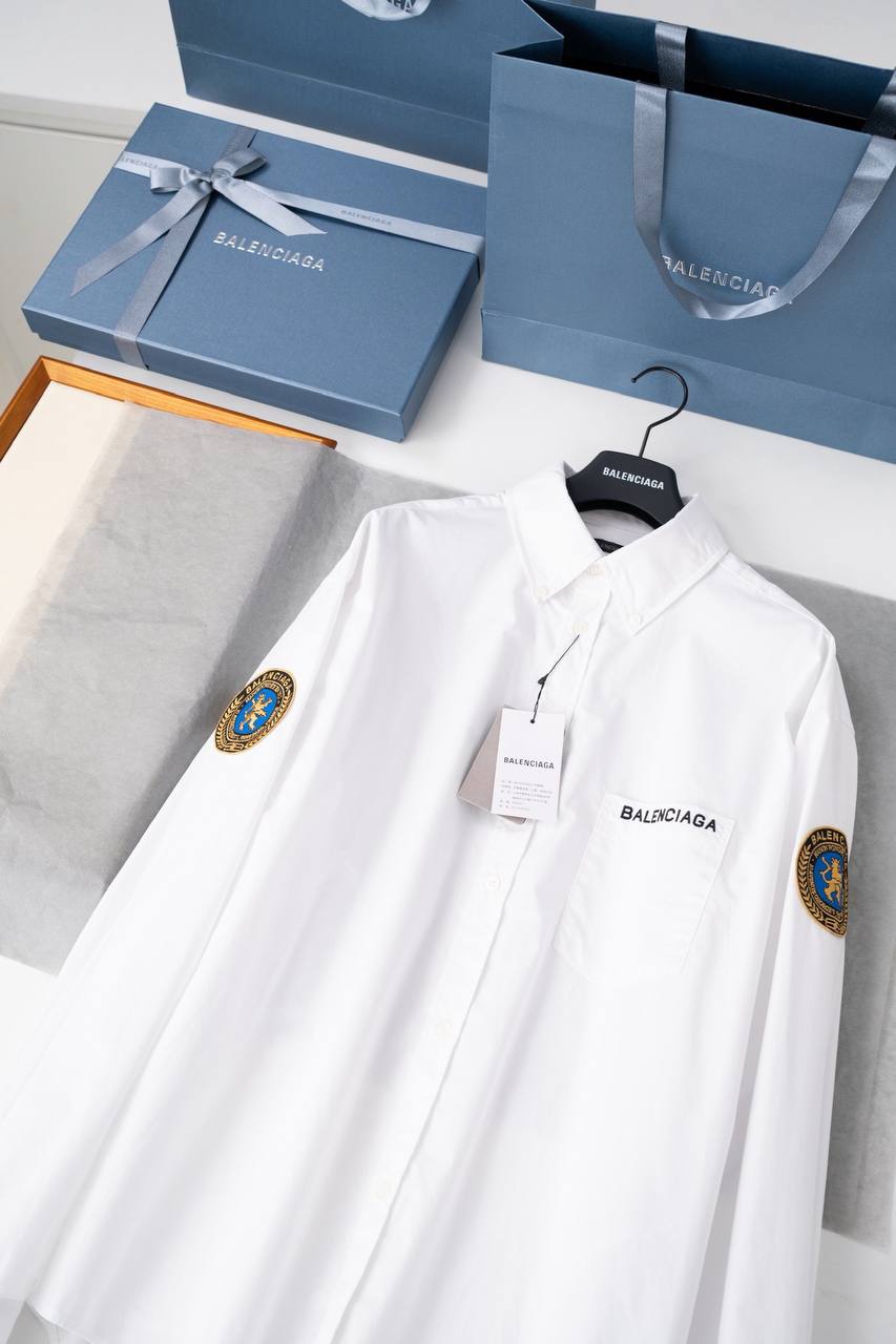 Balenciaga White Cotton Button-Up Shirt with Embroidered Logo & Crest Sleeve Patches