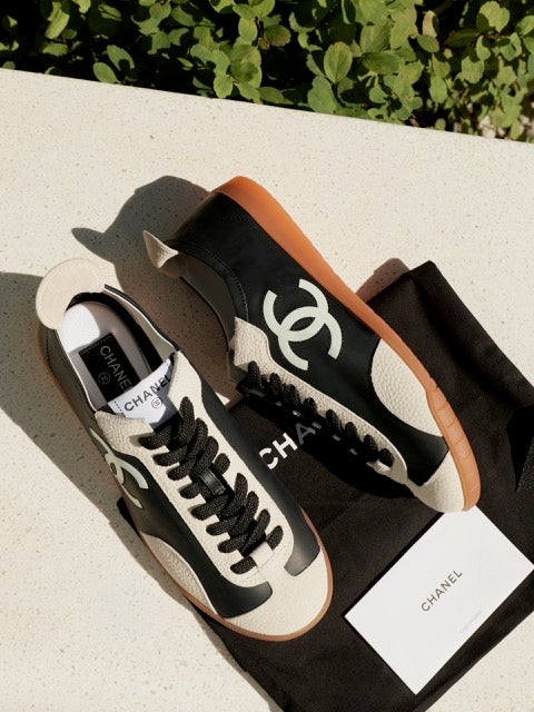 Chanel Black & White Leather Low-Top Sneakers with Oversized CC Logo & Gum Sole