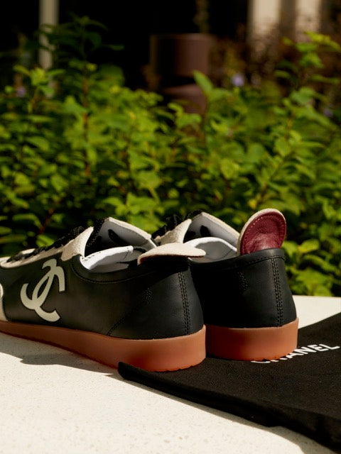 Chanel Black & White Leather Low-Top Sneakers with Oversized CC Logo & Gum Sole