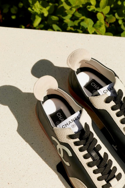 Chanel Black & White Leather Low-Top Sneakers with Oversized CC Logo & Gum Sole