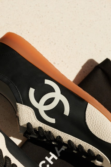 Chanel Black & White Leather Low-Top Sneakers with Oversized CC Logo & Gum Sole