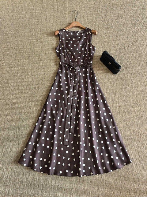 Zimmermann Brown Polka Dot Sleeveless Midi Dress with Waist Tie