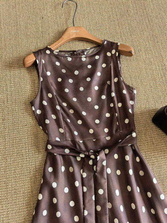 Zimmermann Brown Polka Dot Sleeveless Midi Dress with Waist Tie