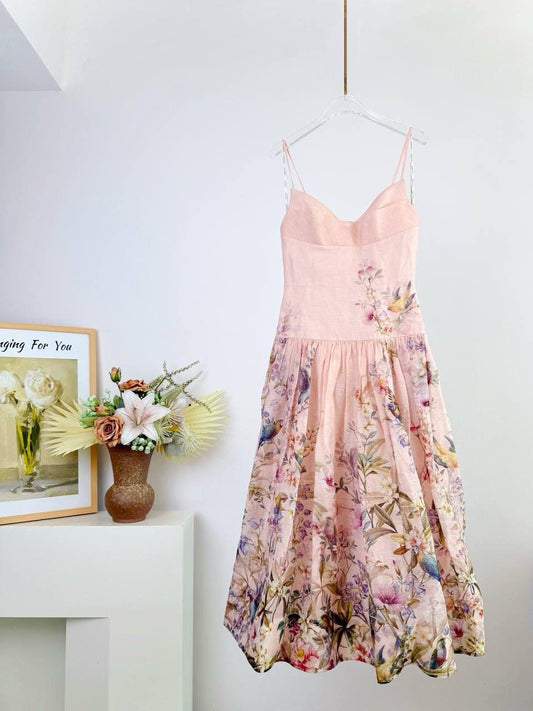 Zimmermann Blush Pink Floral Linen Midi Dress with Botanical Bird Print