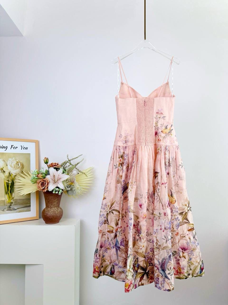 Zimmermann Blush Pink Floral Linen Midi Dress with Botanical Bird Print