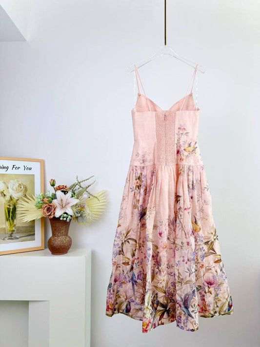 Zimmermann Blush Pink Floral Linen Midi Dress with Botanical Bird Print