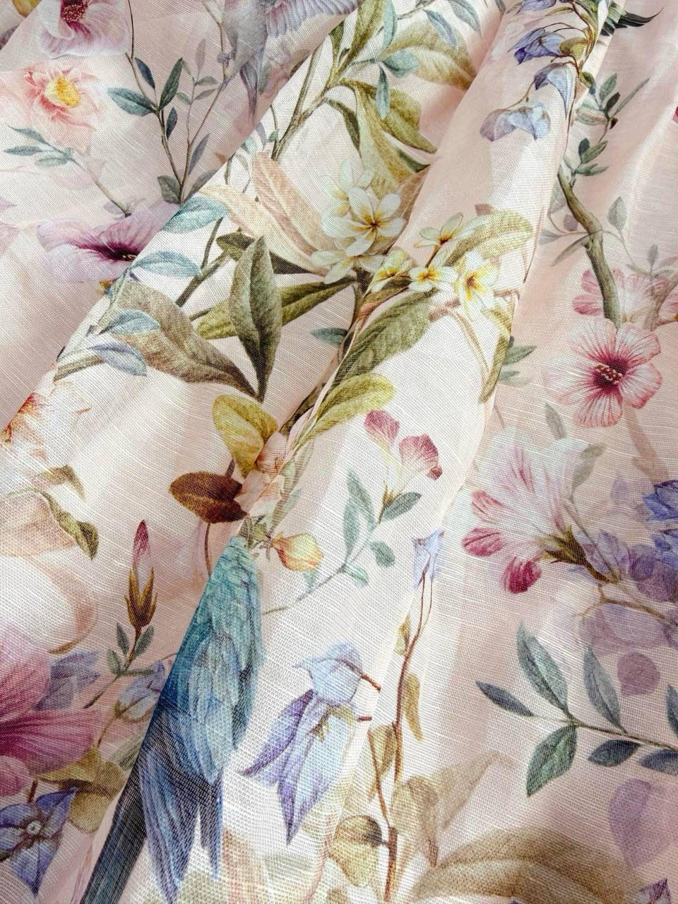 Zimmermann Blush Pink Floral Linen Midi Dress with Botanical Bird Print