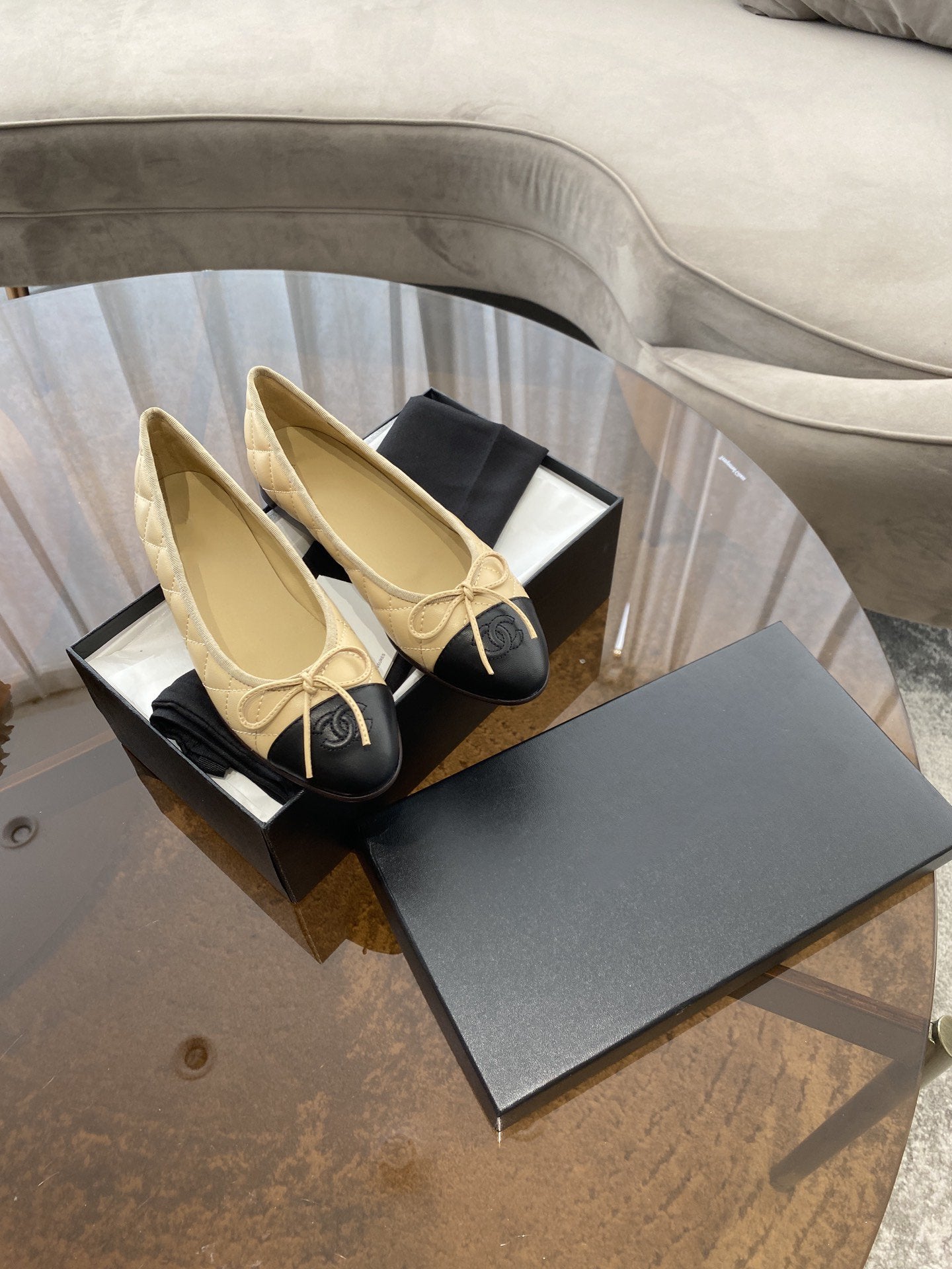 BALLET FLATS BEIGE BLACK QUILTED LAMBSKIN - 35
