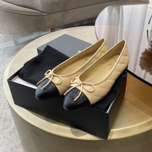 BALLET FLATS BEIGE BLACK QUILTED LAMBSKIN - 35