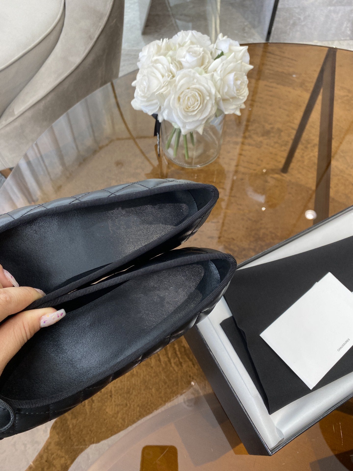 BALLET FLATS ALL BLACK QUILTED LAMBSKIN - 35