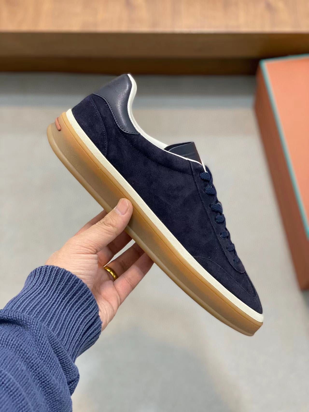Loro Piana Tennis Walk Sneakers Suede Calf Split Navy Blue - 35