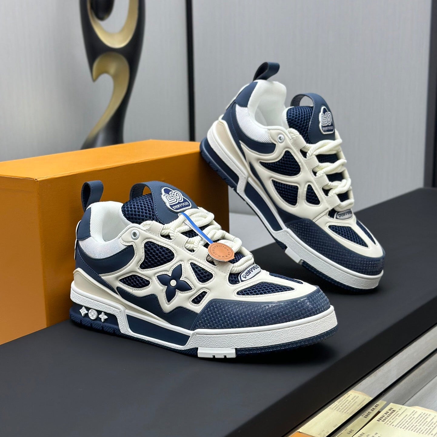 LV SKATE SNEAKER IN WHITE MIX NAVY BLUE CALFSKIN - 35