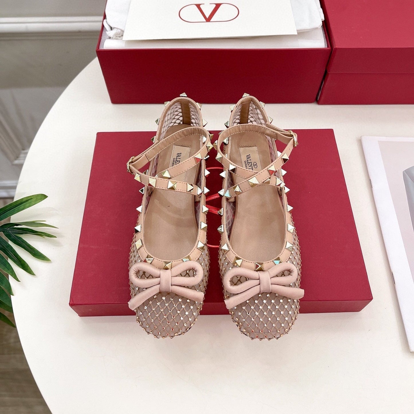 BALLET FLATS ROCKSTUD MESH WITH CRYSTALS IN ROSE CANNELLE - 35