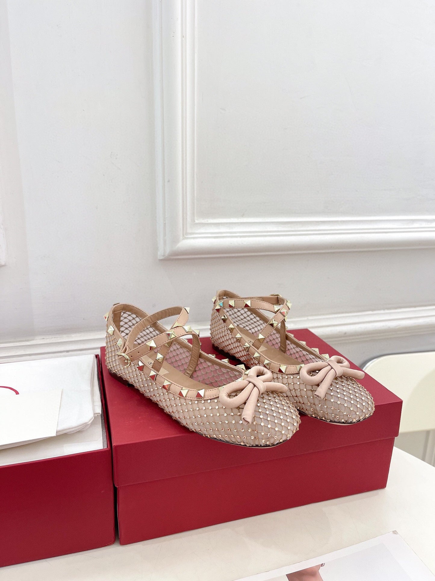 BALLET FLATS ROCKSTUD MESH WITH CRYSTALS IN ROSE CANNELLE - 35