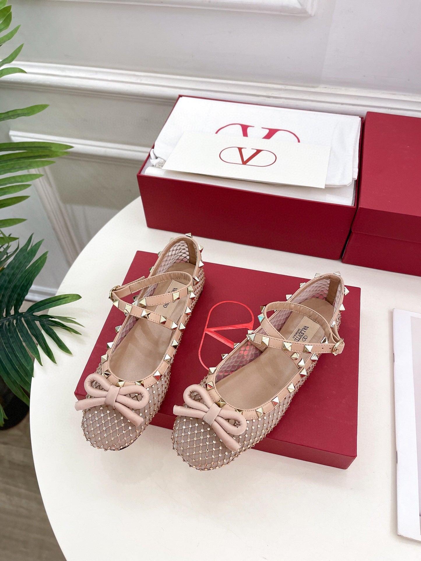 BALLET FLATS ROCKSTUD MESH WITH CRYSTALS IN ROSE CANNELLE - 35