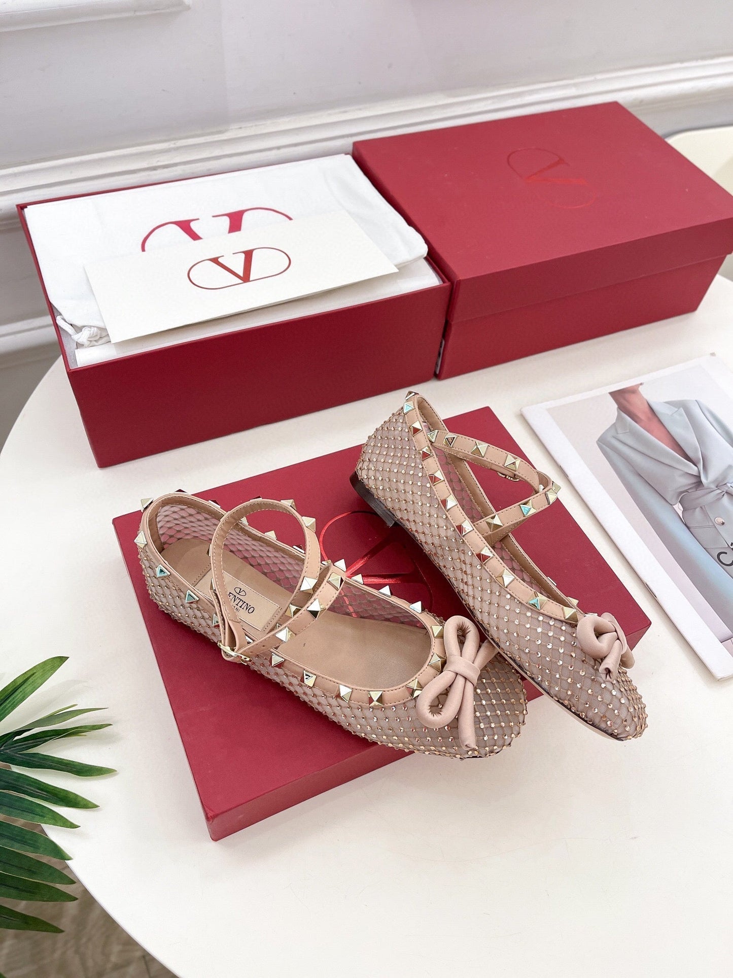 BALLET FLATS ROCKSTUD MESH WITH CRYSTALS IN ROSE CANNELLE - 35
