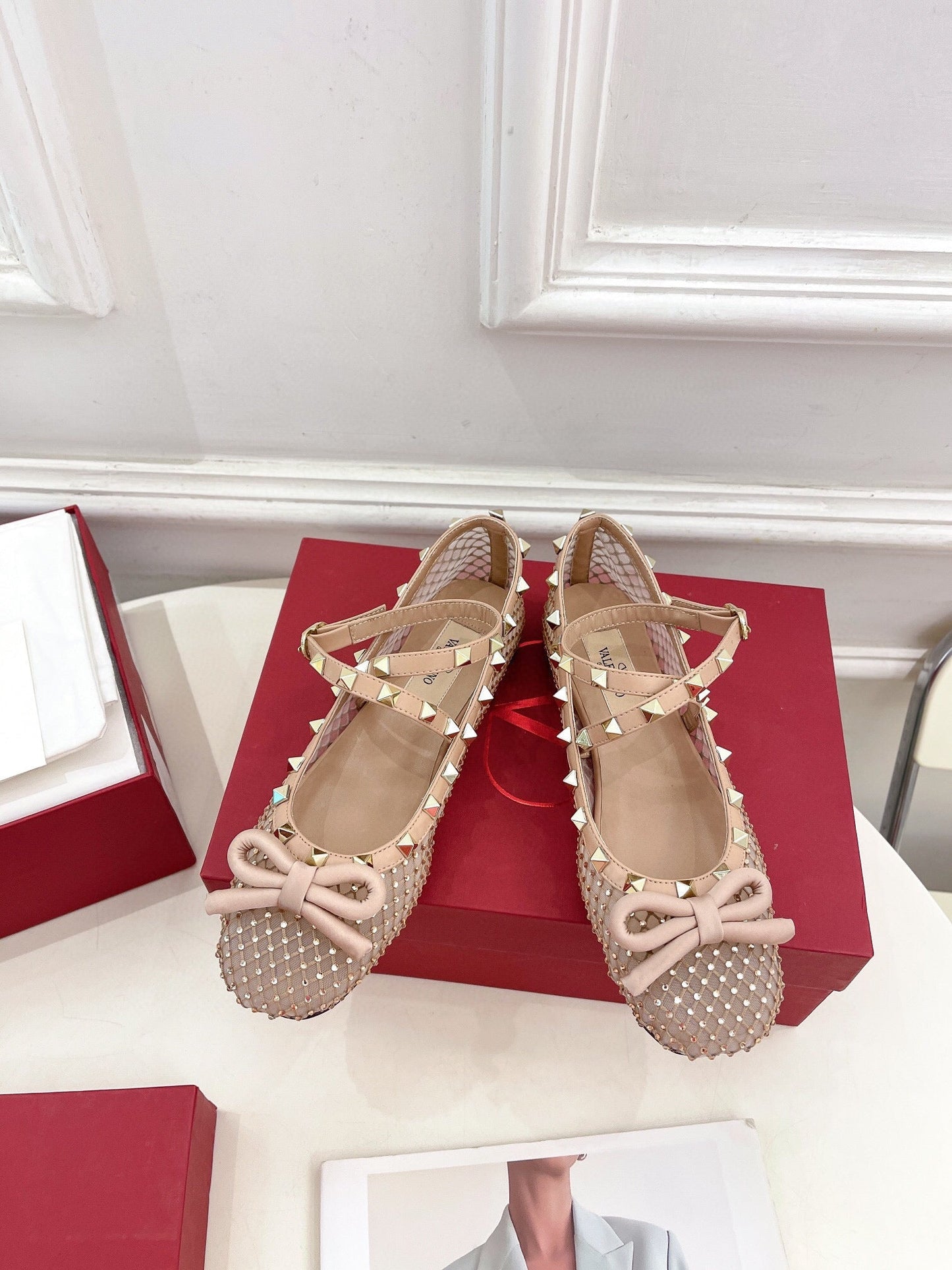 BALLET FLATS ROCKSTUD MESH WITH CRYSTALS IN ROSE CANNELLE - 35