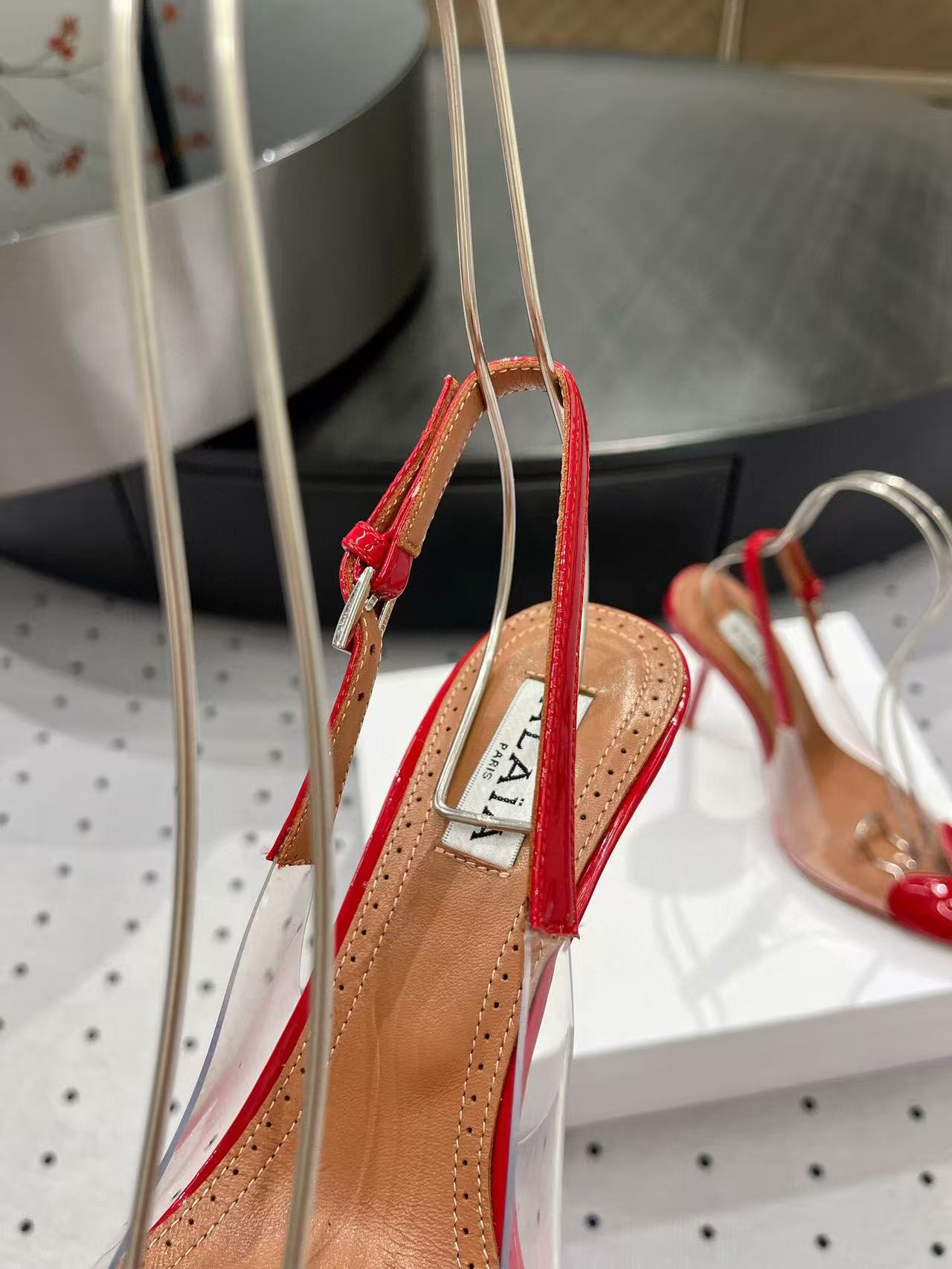 ALAIA HIGH 9 CM SLINGBACK IN CHERRY RED PATENT CALFSKIN AND FILM - 35