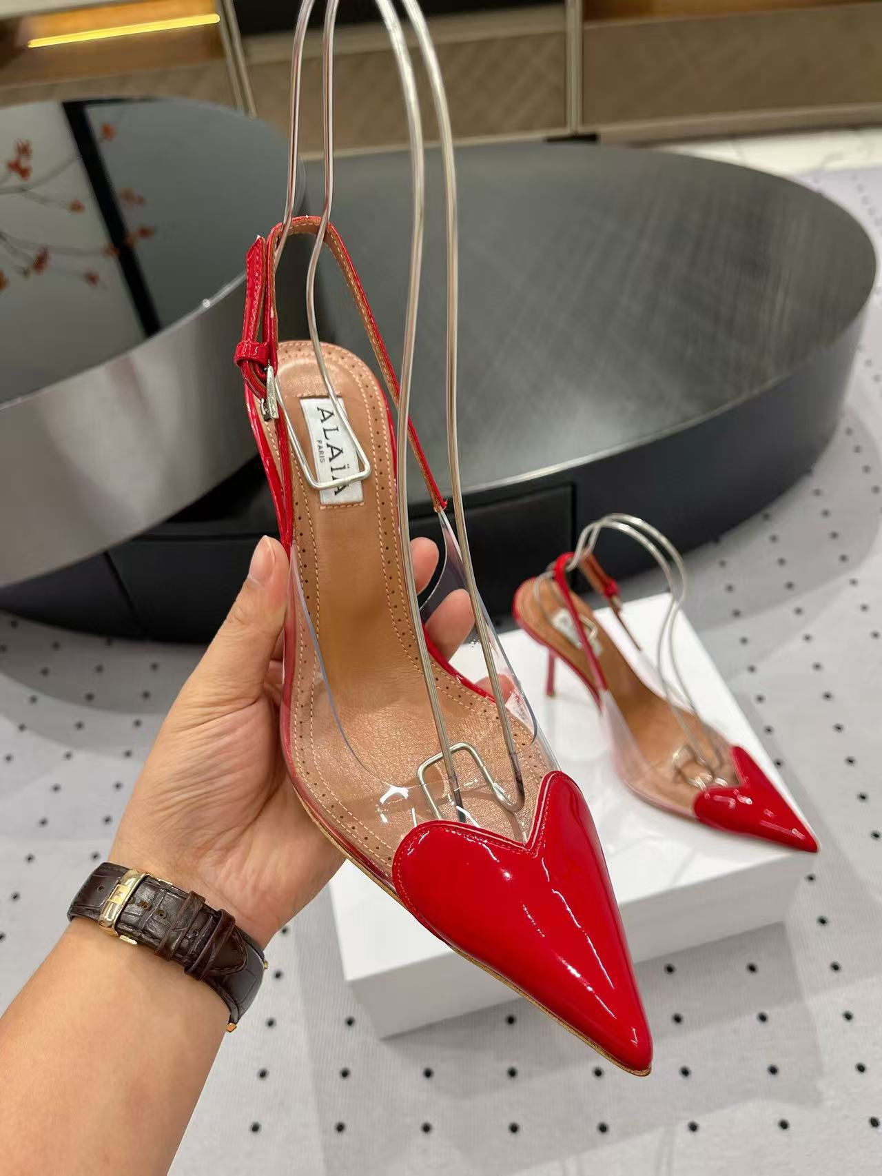 ALAIA HIGH 9 CM SLINGBACK IN CHERRY RED PATENT CALFSKIN AND FILM - 35