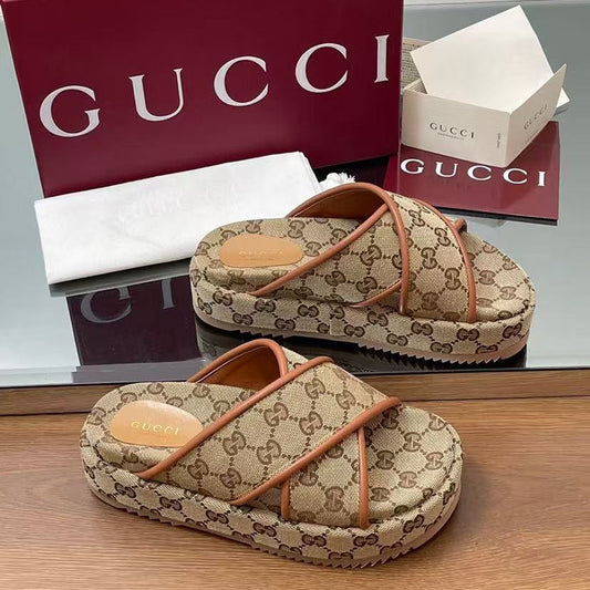 GG PLATFORM SANDALS IN BEIGE AND DARK BROWN GG CANVAS - 35
