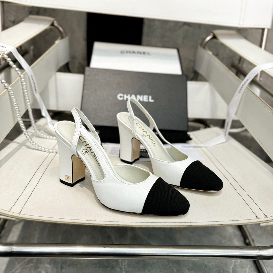 HIGH SLINGBACK IN BLACK FABRIC AND WHITE CALFSKIN - 35