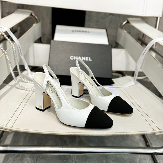 HIGH SLINGBACK IN BLACK FABRIC AND WHITE CALFSKIN - 35