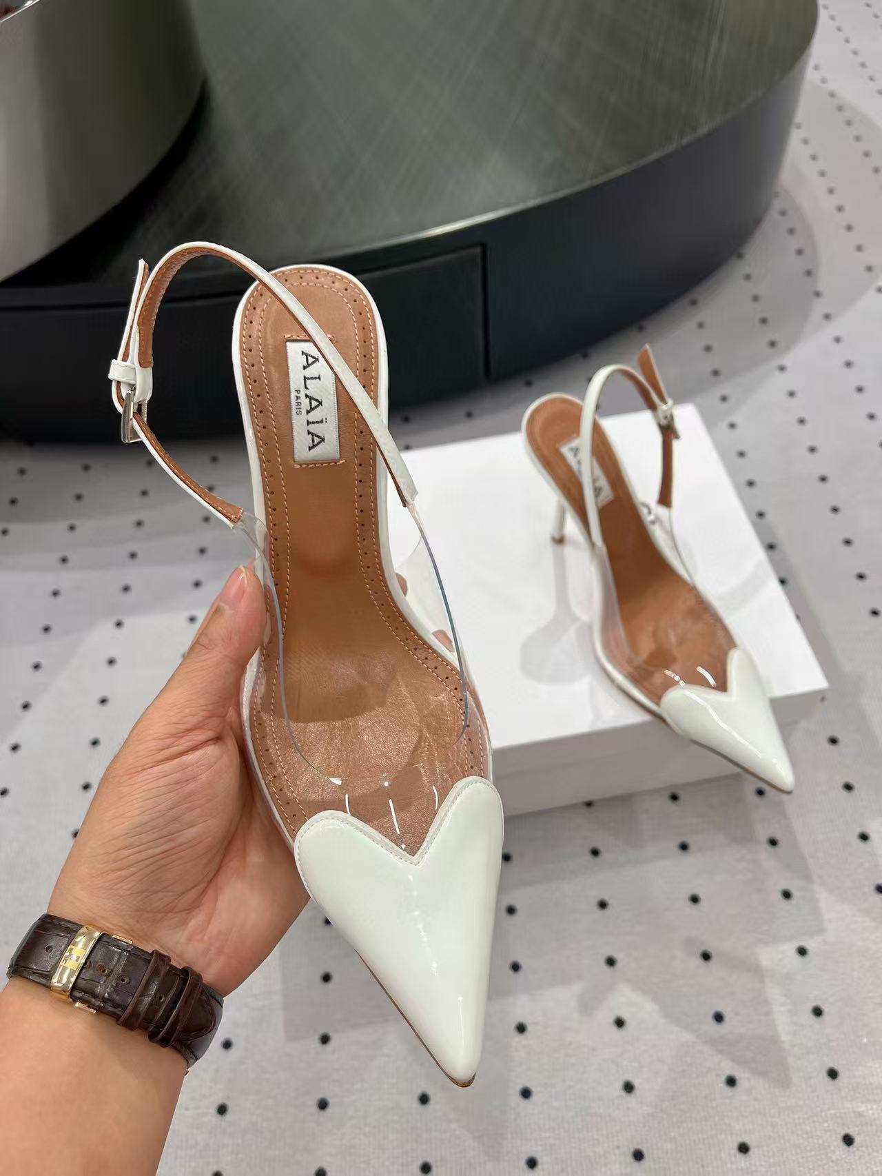 ALAIA HIGH 9 CM SLINGBACK IN WHITE PATENT CALFSKIN AND FILM - 35