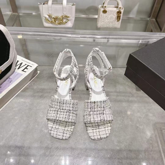 CC HIGH-HEELED SANDALS IN BLACK AND WHITE TWEED - 35