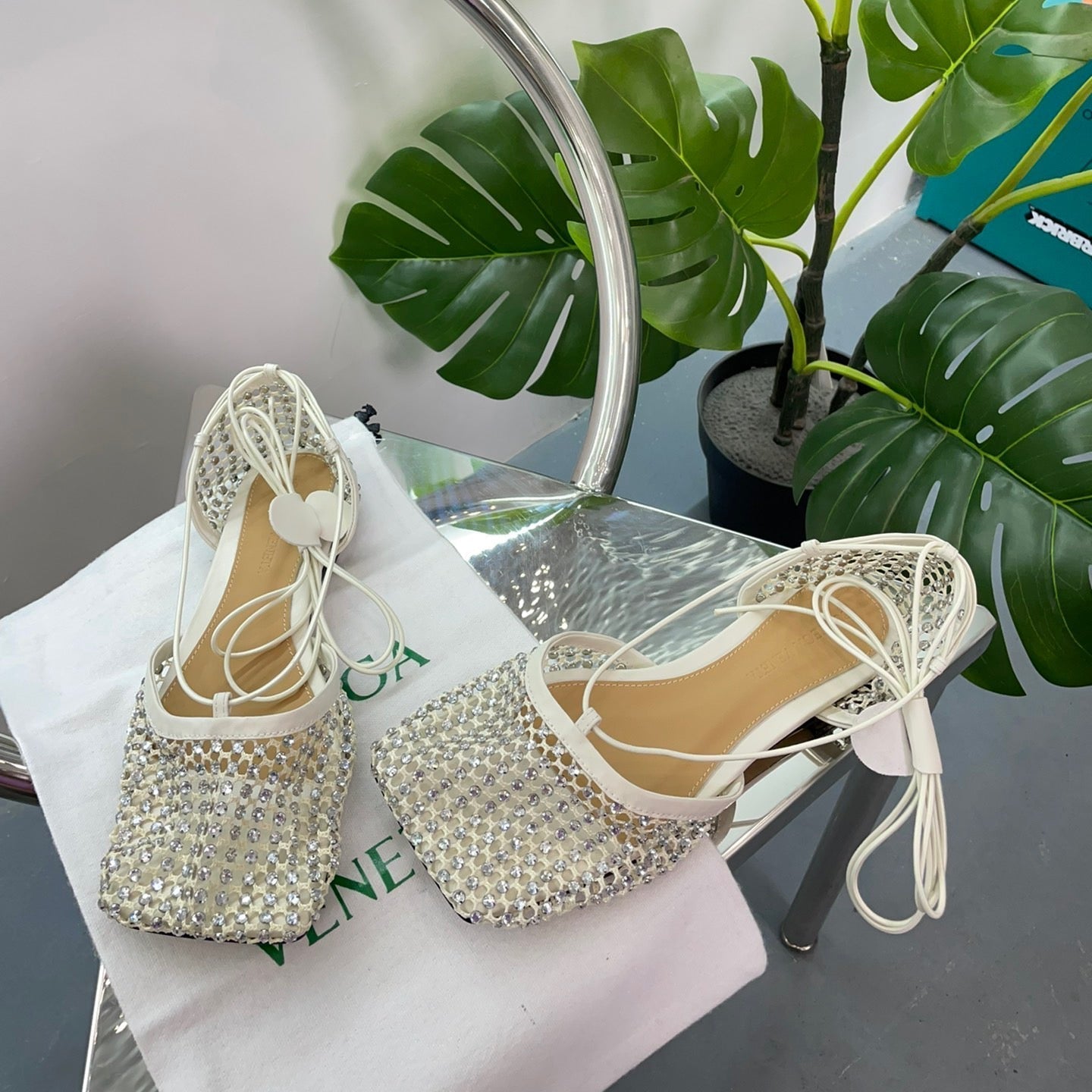 LIDO BALLET FLATS IN WHITE SATIN CRYSTAL EMBELLISHED MESH WITH LACE-UP STRAPS - 35