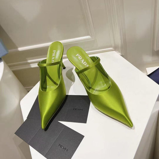 PRA 75 POINTED SATIN MULES IN GREEN FLEECE HEEL - 35