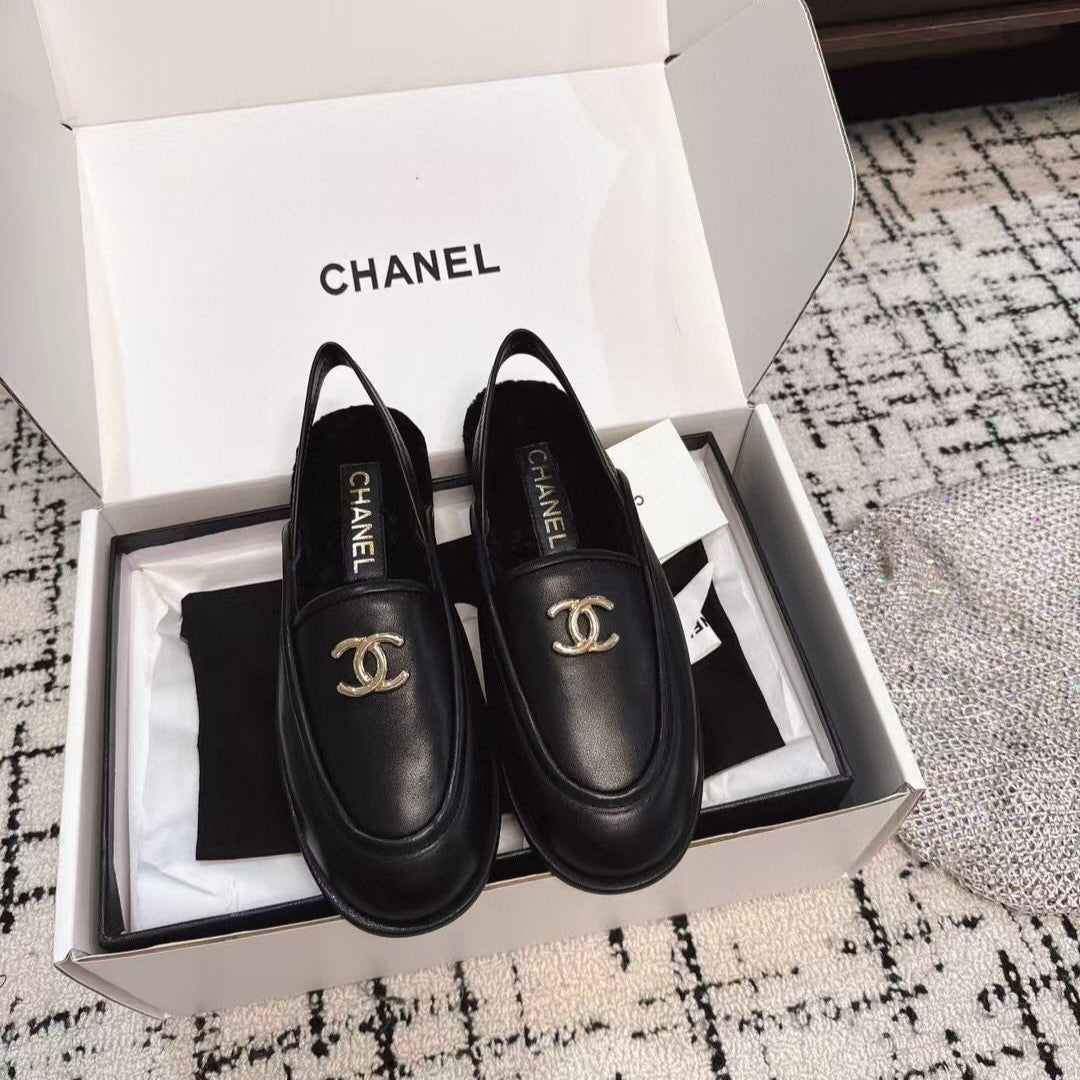 SLINGBACK LOAFER IN BLACK CALFSKIN AND SHEARLING - 35