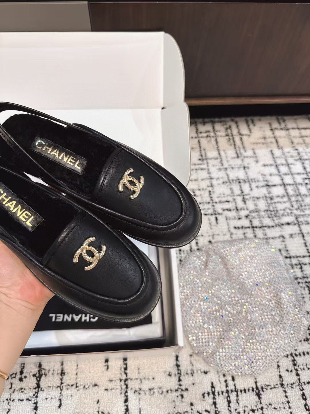 SLINGBACK LOAFER IN BLACK CALFSKIN AND SHEARLING - 35