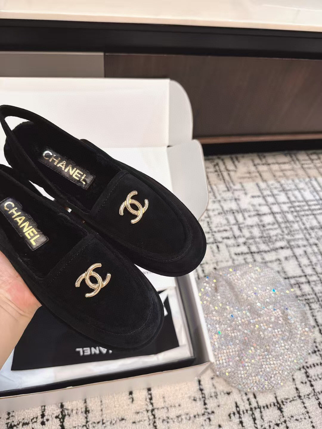 SLINGBACK LOAFER IN BLACK SUEDE AND SHEARLING - 35