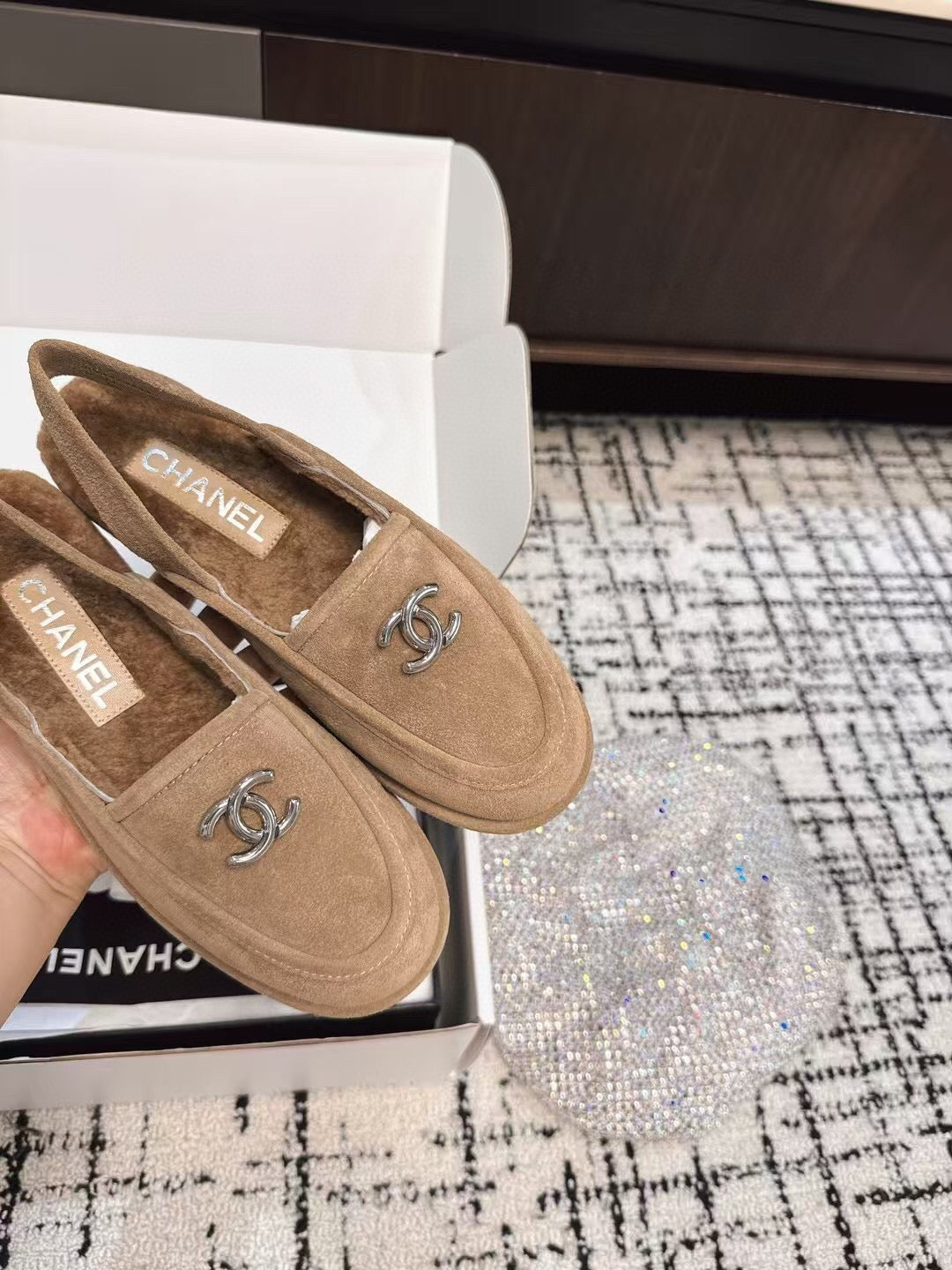 SLINGBACK LOAFER IN DARK BEIGE SUEDE AND SHEARLING - 35