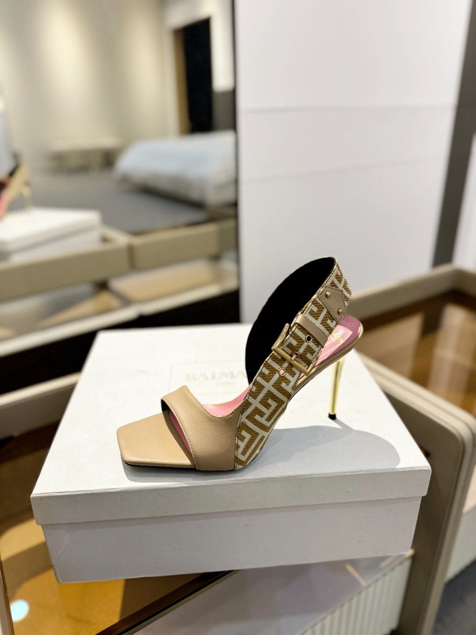 RUBY SANDALS IN BEIGE CALFSKIN AND PB LABYRINTH CANVAS - 36