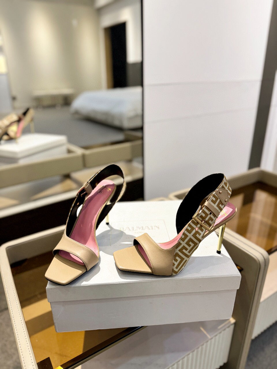 RUBY SANDALS IN BEIGE CALFSKIN AND PB LABYRINTH CANVAS - 36