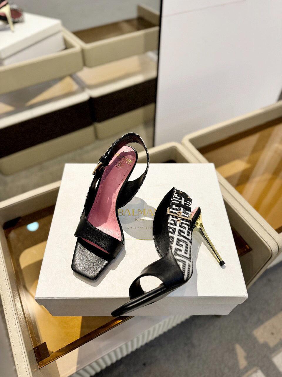 RUBY SANDALS IN BLACK CALFSKIN AND PB LABYRINTH CANVAS - 36
