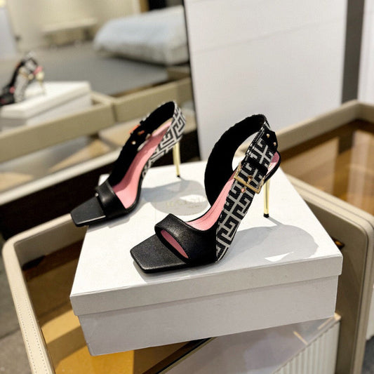 RUBY SANDALS IN BLACK CALFSKIN AND PB LABYRINTH CANVAS - 36