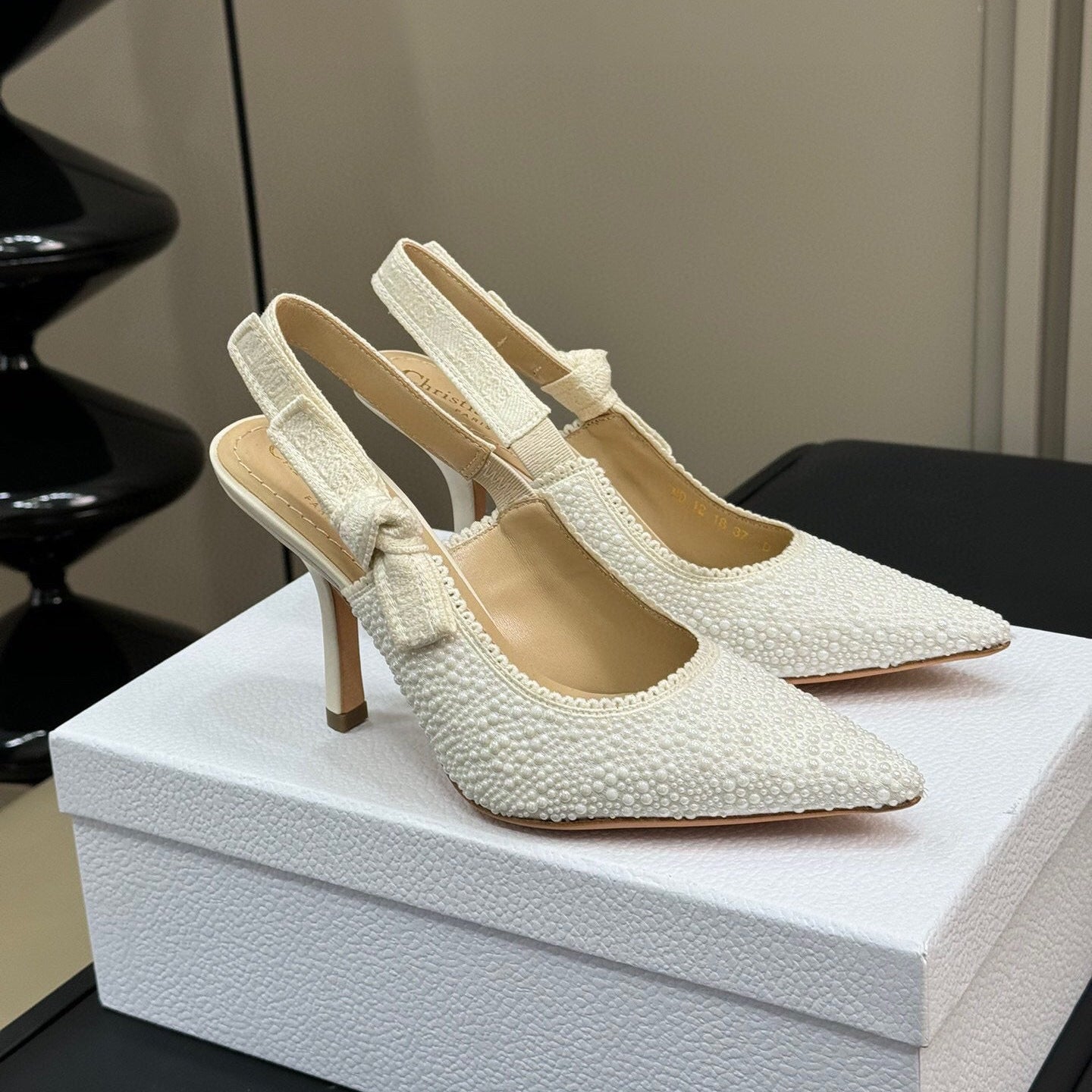 J'ADIOR POINTED TOE SLINGBACK PUMPS IN WHITE BEADED FABRIC - 34