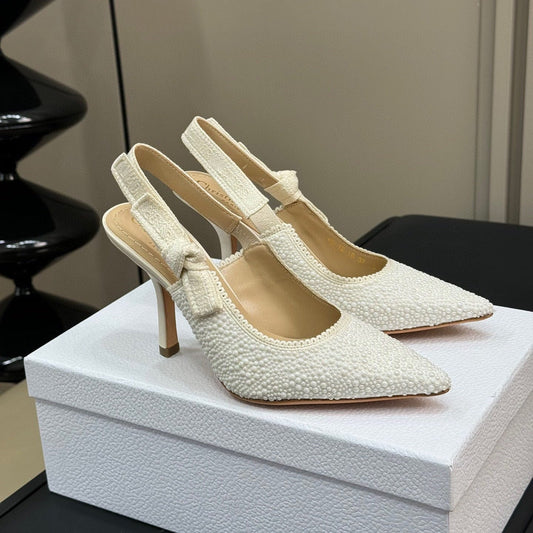J'ADIOR POINTED TOE SLINGBACK PUMPS IN WHITE BEADED FABRIC - 34