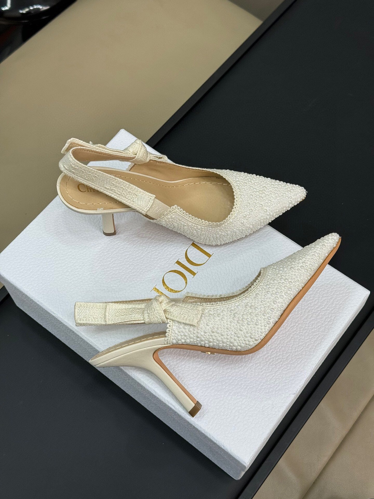 J'ADIOR POINTED TOE SLINGBACK PUMPS IN WHITE BEADED FABRIC - 34