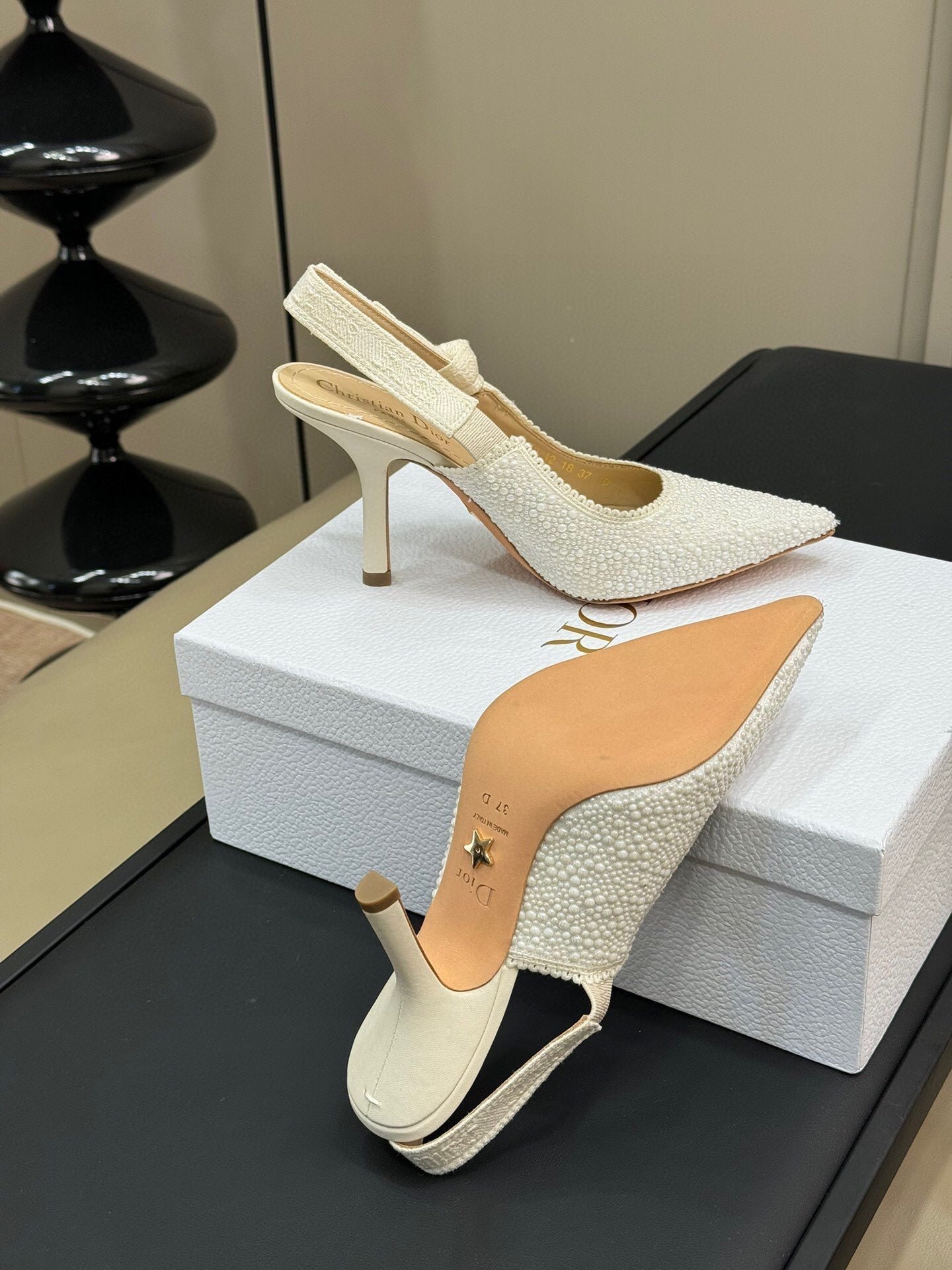 J'ADIOR POINTED TOE SLINGBACK PUMPS IN WHITE BEADED FABRIC - 34