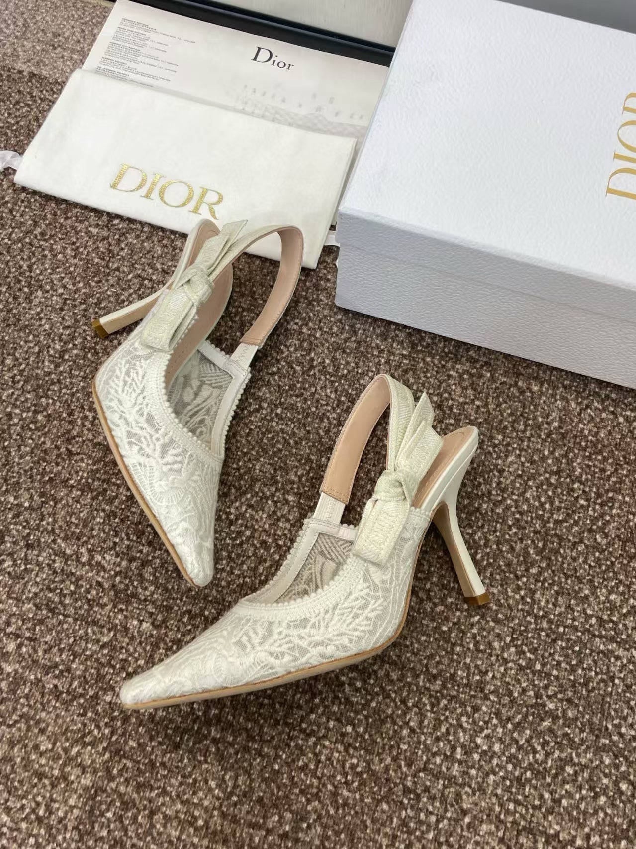 J'ADIOR SLINGBACK PUMPS IN IVORY WHITE EMBROIDERED LACE - 34