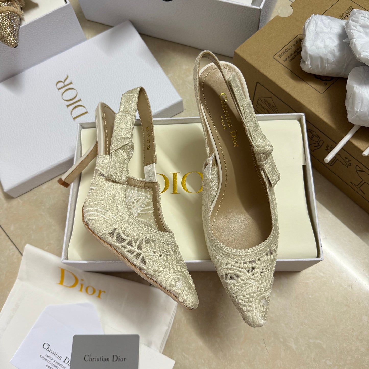 J'ADIOR SLINGBACK PUMPS IN IVORY WHITE EMBROIDERED LACE - 34