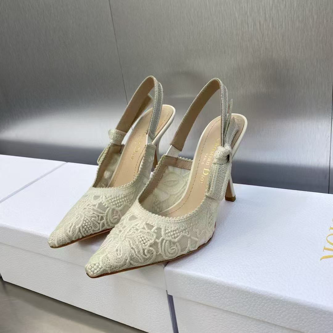 J'ADIOR SLINGBACK PUMPS IN IVORY WHITE EMBROIDERED LACE - 34