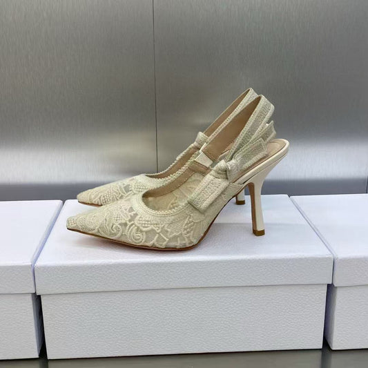 J'ADIOR SLINGBACK PUMPS IN IVORY WHITE EMBROIDERED LACE - 34