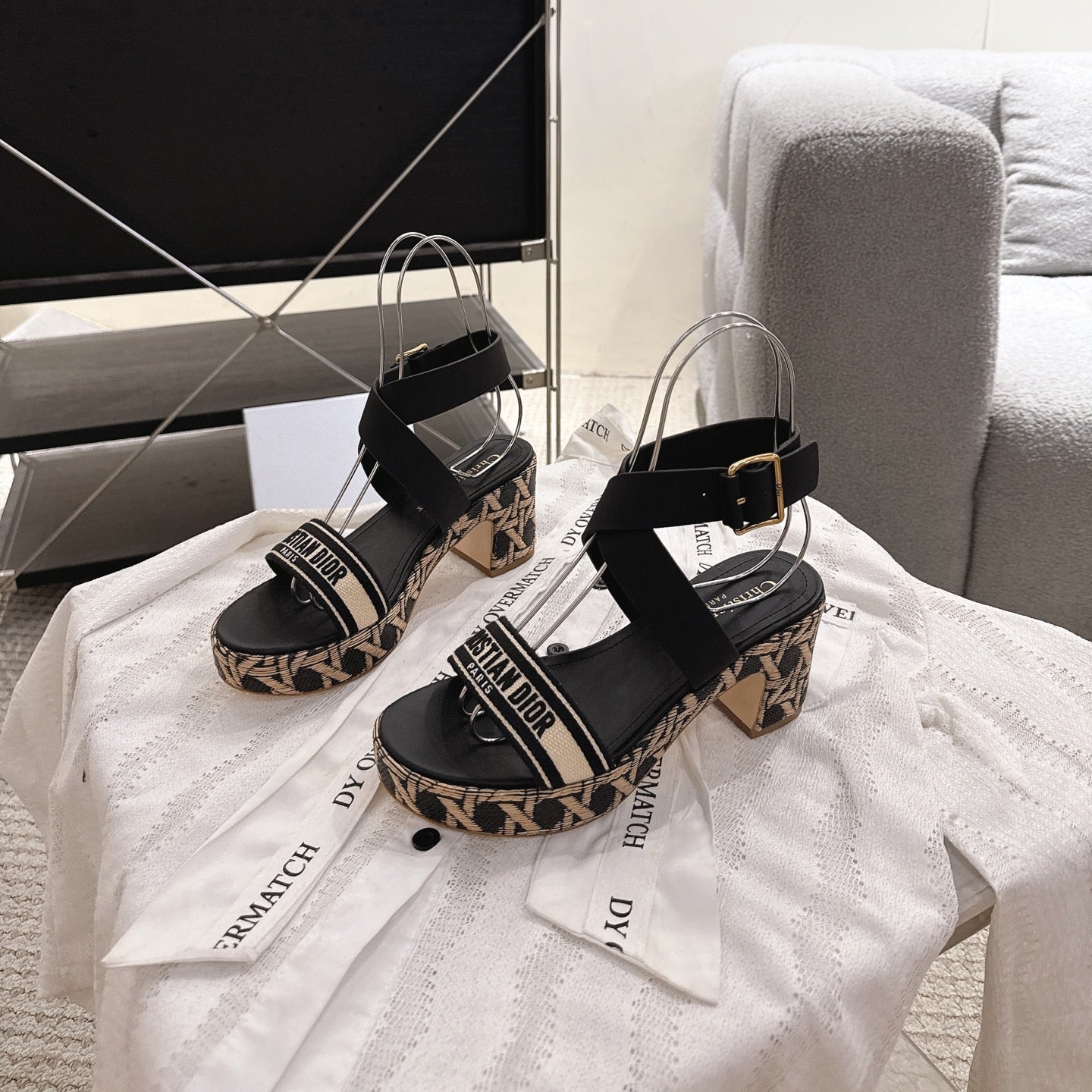 DIORACT SANDALS IN BLACK AND BEIGE EMBROIDERY AND CALFSKIN - 35